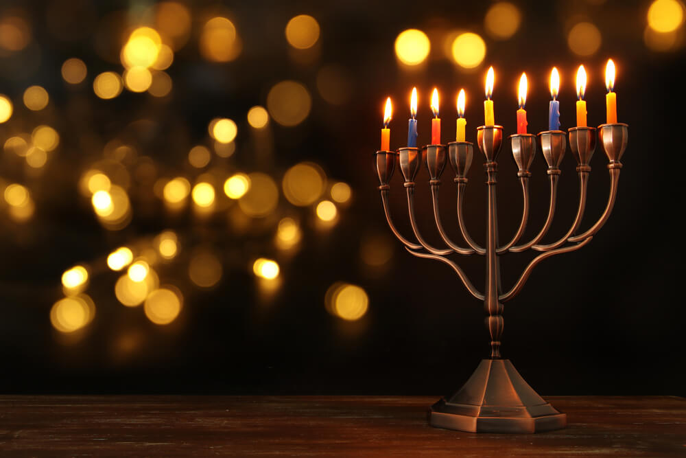 Image of Jewish Holiday Hanukkah Background With Menorah (Traditional Candelabra) And Burning Candles